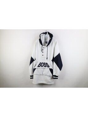 Vintage 90s Y2K Boss Streetwear Mens XL Baggy Fleece Hoodie Anorak Jacket White